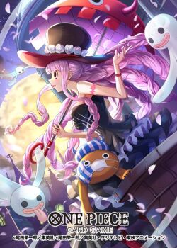 1girl arm_tattoo bare_shoulders bat_tattoo braid braided_sidelocks closed_mouth commentary_request copyright_name dress dutch_angle flower frilled_dress frills full_moon ghost hair_bun half_updo hat hat_flower hokuyuu holding holding_umbrella kumacy mask moon mouth_mask night night_sky official_art one_piece one_piece_card_game perona pink_petals profile sidelocks sky smile stuffed_toy tattoo tongue tongue_out umbrella watch wristwatch
