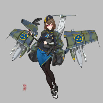 Rule 34 | 1girl, absurdres, air-to-air missile, aircraft, black pantyhose, black shirt, blue skirt, bomb, breasts, brown hair, closed mouth, clothing cutout, coat of arms, commentary request, explosive, full body, glasses, grey background, gun, hat, highres, holding, holding tablet pc, jacket, jacket on shoulders, long sleeves, looking at viewer, mecha musume, medium breasts, medium hair, original, pantyhose, personification, purple eyes, saab 105, shirt, sideboob, simple background, skirt, smile, swedish air force, swedish flag, tablet pc, tre kronor, vf31j, war thunder, weapon