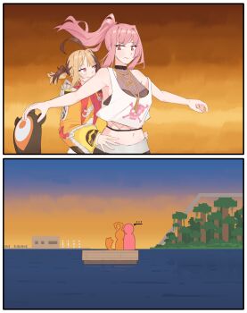 Rule 34 | 2girls, absurdres, ahoge, blush, boat, breasts, brown hair, cleavage, crop top, forest, gigi murin, gigi murin (1st costume), highres, hololive, hololive english, kraeyan, long hair, minecraft, mori calliope, mori calliope (streetwear), multicolored hair, multiple girls, nature, navel, official alternate costume, parody, pink eyes, pink hair, ponytail, shirt, smile, tail, titanic (movie), two-tone hair, virtual youtuber, watercraft, white shirt