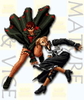 2girls blonde_hair breasts brown_eyes brown_hair cleavage dress earrings female_focus formal_clothes hair_bun heel_up jewelry long_hair long_sleeves looking_at_viewer mature_(kof) medium_breasts multiple_girls pantyhose short_hair skirt suit the_king_of_fighters thick_thighs thighs vice_(kof) wide_hips