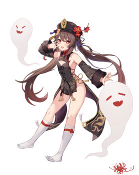 1girl :d absurdres adapted_costume arm_up armpits bare_shoulders black_dress black_hat black_nails breasts brown_hair cleavage_cutout clothing_cutout detached_sleeves dress fang flower genshin_impact ghost hat hat_flower highres hokori_sakuni hu_tao_(genshin_impact) jewelry kneehighs long_hair long_sleeves looking_at_viewer multiple_rings nail_polish no_panties no_shoes ofuda open_mouth pelvic_curtain plum_blossoms red_eyes ring short_dress sideless_outfit small_breasts smile socks solo star-shaped_pupils star_(symbol) symbol-shaped_pupils tailcoat thighs twintails very_long_hair white_socks
