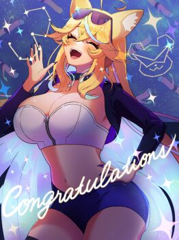 Rule 34 | 1girl, absurdres, ahoge, animal ears, arielle (vtuber), blonde hair, blue eyes, blue nails, breasts, cat ears, cleavage, closed eyes, eyewear on head, hand on own hip, highres, indie virtual youtuber, jacket, large breasts, long hair, multicolored hair, navel, open mouth, rainbow hair, shorts, smile, stick, strapless, sunglasses, thighs, tube top, twig, virtual youtuber, white tube top, yu arima