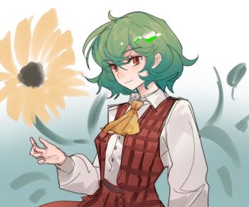 Rule 34 | 1girl, ascot, closed mouth, collared shirt, commentary, green hair, highres, kazami yuuka, kouyicha, long sleeves, looking at viewer, open clothes, open vest, plaid clothes, plaid skirt, plaid vest, puffy long sleeves, puffy sleeves, red eyes, red vest, shirt, short hair, skirt, skirt set, smile, solo, touhou, vest, white shirt, yellow ascot