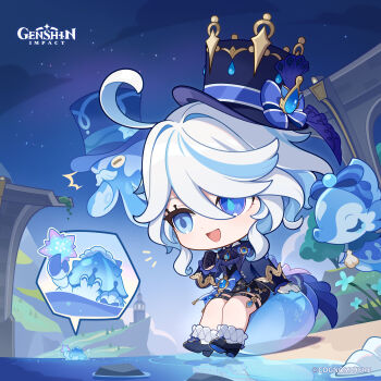 1girl absurdres black_gloves black_shorts blue_eyes blue_gemstone blue_pupils building chibi commentary copyright_name dot_nose english_commentary furina_(genshin_impact) gem genshin_impact gentilhomme_usher gloves grey_hair hair_between_eyes hair_intakes half_gloves hand_up hat hat_ornament high_heels highres jacket long_sleeves mademoiselle_crabaletta multicolored_hair night night_sky official_art open_clothes open_jacket open_mouth outdoors shoes short_shorts shorts sitting sky smile socks star_(sky) starry_sky surintendante_chevalmarin symbol-shaped_pupils thigh_strap top_hat vision_(genshin_impact) water white_gloves white_socks