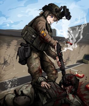 1boy 1girl absurdres blood blood_on_clothes blood_on_face blue_eyes camouflage cigarette combat_helmet commentary death english_commentary english_text epakim execution fast_helmet gun guro handgun heinz helmet highres holster ketchup ketchup_bottle lamia_(epakim) looking_down military military_combat_uniform military_uniform murder night_vision_device original outdoors product_placement pump_action shell_casing shotgun smoke smoking smoking_barrel star_of_life thigh_holster war war_crime weapon