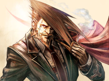 Rule 34 | 1boy, beard, black jacket, brown hair, capelet, collared shirt, commentary request, facial hair, guilty gear, holding, holding smoking pipe, jacket, long sleeves, looking at viewer, male focus, monocle, monocle chain, mustache, necktie, red capelet, red eyes, red necktie, shirt, side capelet, slayer (guilty gear), smoke, smoking pipe, solo, suit jacket, sushi (sashimise), upper body, white shirt, yellow background