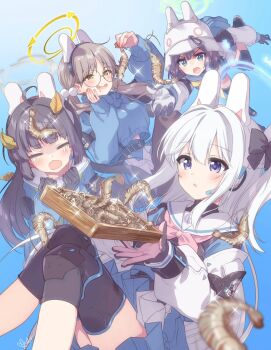 +_+ 4girls :o =_= ahoge animal_ears aqua_eyes black_gloves black_hair blue_archive blue_background blue_serafuku blue_shirt blue_skirt blue_sweater blunt_bangs blunt_ends blurry blush brown_eyes brown_hair bucket_hat clenched_hands closed_eyes commentary_request depth_of_field drooling fake_animal_ears feet_out_of_frame floating_hair furrowed_brow gloves green_halo green_neckerchief grey_halo hair_bobbles hair_ornament halo hand_on_own_cheek hand_on_own_face hands_up hat highres hime_cut knee_pads knees_together_feet_apart knees_up kuroi_mimei leaf leaf_on_head long_hair long_sleeves looking_at_animal medium_hair miniskirt miyako_(blue_archive) miyu_(blue_archive) moe_(blue_archive) mouth_drool multiple_girls neckerchief open_mouth outstretched_arm pink_neckerchief pleated_skirt purple_eyes rabbit_ears rabbit_platoon_(blue_archive) sailor_collar saki_(blue_archive) school_uniform serafuku shirt shrimp sidelocks simple_background sitting skirt sleeves_past_wrists smile sparkle straight_hair sweater turtleneck turtleneck_sweater twintails very_long_hair wavy_mouth white_hair white_hat white_sailor_collar yellow_halo
