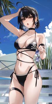 1girl absurdres ahoge bikini black_bikini black_hair blue-tinted_eyewear blue_hair blue_sky breasts cloud collarbone commentary_request cross cross_earrings cross_hair_ornament day earrings hair_ornament highres holding holding_removed_eyewear irene_(kanniiepan) jewelry kanniiepan looking_at_viewer medium_breasts mole mole_under_eye multicolored_hair navel open_mouth original outdoors round_eyewear side-tie_bikini_bottom skull_and_crossbones sky solo standing summer sunglasses swimsuit thighs tinted_eyewear two-tone_hair unworn_eyewear wet