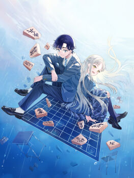 1boy 1girl :d black_shoes blazer blue_bow blue_eyes blue_jacket blue_necktie blue_pants blue_shirt blue_skirt board_game bow closed_mouth collared_shirt commentary_request diagonal-striped_clothes diagonal-striped_necktie floating_hair grey_hair highres jacket kneehighs loafers long_hair long_sleeves miyabi_akino necktie open_mouth original pants pleated_skirt purple_hair purple_socks rain sailor_collar school_uniform serafuku shirt shoes shogi shogi_piece sitting skirt smile socks striped_clothes very_long_hair water_drop white_sailor_collar white_shirt white_socks yellow_eyes