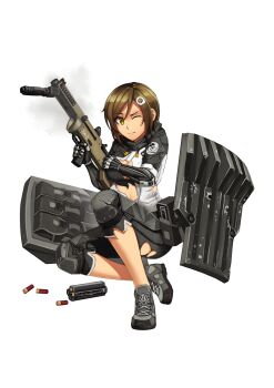 12-gauge 1girl ammunition ballistic_shield black_shorts blush breasts brown_eyes brown_hair cleavage closed_mouth covering_breasts covering_privates cylinder cylinder_(weapon) deus_ex deus_ex:_human_revolution female_focus full_body girls&#039;_frontline grey_shoes gun hair_between_eyes hair_ornament highres holding holding_gun holding_weapon jacket knee_pads looking_at_viewer medium_breasts ndtwofives one_eye_closed original parted_bangs polymer-cased_ammunition quad-tube_rotating_magazine revolver_shotgun rotating-tube_magazine semi-automatic_shotgun shield shield_module shoes shorts shotgun shotgun_shell solo srm_1216 srm_arms_model_1216 torn_clothes torn_jacket transparent_background weapon white_jacket widowmaker_tx