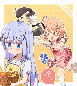 2girls ahoge apron basket blue_eyes blue_hair blush bread coffee_mug coffee_pot cup flower food gochuumon_wa_usagi_desu_ka? hair_flower hair_ornament highres hoto_cocoa kafuu_chino long_hair miniskirt mohei mug multiple_girls open_mouth orange_hair polka_dot polka_dot_background school_uniform serafuku short_hair simple_background skirt slippers tripping x_hair_ornament