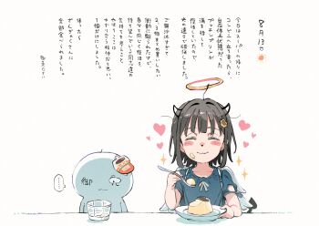 1boy 1girl ano_ko_wa_toshi_densetsu artist_self-insert black_hair blue_shirt blush_stickers closed_eyes closed_mouth collarbone commentary_request cup disposable_cup fake_halo fake_horns fake_wings feathered_wings flower food food_on_face gomennasai hair_flower hair_intakes hair_ornament halo heart highres holding holding_spoon horns mini_wings plate pudding shirt short_sleeves simple_background sparkle spoon tail translation_request upper_body white_background white_wings wings yellow_flower zangyaku-san