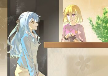 2girls absurdres artist_request bang_dream! bang_dream!_it&#039;s_mygo!!!!! black_ribbon blonde_hair blue_hair blue_shirt chinese_commentary commentary_request commission cup hair_between_eyes hair_ribbon highres light_particles long_hair medium_hair misumi_uika multiple_girls open_mouth purple_eyes purple_shirt ribbon second-party_source shirt sidelocks togawa_sakiko yellow_eyes