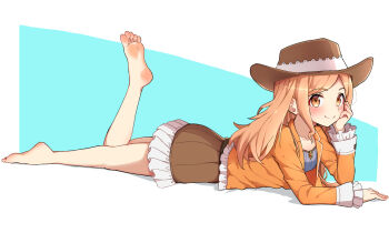 1girl aqua_background bare_legs barefoot blonde_hair blush brown_eyes brown_hat brown_skirt closed_mouth collarbone commentary eri_aimi feet frilled_skirt frilled_sleeves frills hand_up hat highres jacket legs long_hair long_sleeves lying magia_record:_mahou_shoujo_madoka_magica_gaiden mahou_shoujo_madoka_magica miniskirt notify_lev on_stomach orange_jacket skirt smile soles solo toes white_background