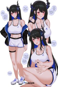 1girl :d abs alternate_costume artist_name asymmetrical_horns bare_shoulders black_choker black_hair blue_hair breasts choker colored_inner_hair demon_girl demon_horns english_text hanada_yanochi highres hololive hololive_english horns jacket large_breasts light_blush long_hair looking_at_viewer midriff mole mole_under_eye multicolored_hair navel nerissa_ravencroft open_mouth red_eyes shoes shorts smile sneakers speech_bubble sports_bra sportswear virtual_youtuber white_shoes