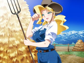 1girl aqua_eyes belt blonde_hair blue_eyes blue_overalls blush breasts cowboy_hat cowboy_western day fence game_cg gan-chan_(artist) green_eyes hat hitozuma_sentai_aisaiger long_hair mountain non-web_source official_art outdoors overalls polearm ponytail solo sophie_andrea_yukitou trident variant_set weapon wooden_fence