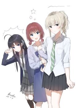 Rule 34 | 3girls, absurdres, ahoge, arm hug, awa subaru, black hair, black skirt, black socks, blue bow, blue bowtie, blue eyes, blue jacket, blue shirt, blue skirt, bow, bowtie, brown hair, chinese commentary, commentary request, diagonal-striped clothes, diagonal-striped necktie, erika (user spth3377), girls band cry, green necktie, grey eyes, grey hair, grey skirt, hand up, highres, iseri nina, jacket, kawaragi momoka, kneehighs, low twintails, multicolored hair, multiple girls, necktie, parted bangs, plaid clothes, plaid skirt, pleated skirt, ponytail, roots (hair), school uniform, shirt, short hair, short twintails, simple background, skirt, socks, striped clothes, swimsuit, twintails, white background, white shirt