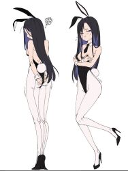 Rule 34 | 1girl, animal ears, ass, asymmetrical bangs, black hair, black leotard, black necktie, blush, breasts, closed eyes, closed mouth, colored inner hair, covering breasts, covering privates, detached collar, eunhwa (nikke), fake animal ears, fake tail, forehead, frown, goddess of victory: nikke, high heels, highleg, highleg leotard, leotard, long hair, looking at viewer, mole, mole under mouth, multicolored hair, multiple views, necktie, pantyhose, playboy bunny, purple eyes, purple hair, rabbit ears, rabbit tail, sakae nikebaraba, short necktie, small breasts, squiggle, strapless, strapless leotard, sweatdrop, tail, white pantyhose