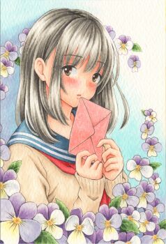 1girl absurdres black_hair blue_background blue_sailor_collar blush brown_eyes brown_sweater commentary cropped_torso flower hands_up highres holding holding_letter letter long_sleeves looking_at_viewer looking_to_the_side marker_(medium) medium_hair midori_(mira567) neckerchief original parted_lips purple_flower red_neckerchief sailor_collar school_uniform sideways_glance solo sweater traditional_media