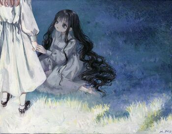 2girls barefoot black_hair blue_eyes commentary_request crying crying_with_eyes_open dress grass highres long_hair long_sleeves looking_at_another monou_pico multiple_girls on_grass original outdoors shoes sitting standing tears very_long_hair white_dress