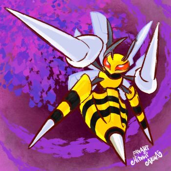 antennae ariga_hitoshi beedrill bright_pupils commentary_request full_body gen_1_pokemon highres mega_beedrill mega_pokemon nintendo no_humans pokemon pokemon_(creature) pokemon_focus red_eyes signature solo white_pupils