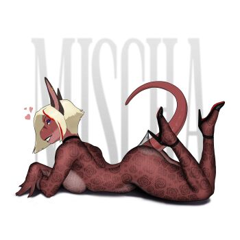 1girl absurdres animal_ear_piercing black_bodysuit black_shoes blonde_hair blue_eyes bodysuit colored_skin eyeshadow furry furry_female heart high_heels highres lace_bodysuit lace_pantyhose_hooked_on_heel_(meme) lying makeup meme mischadot on_stomach original purple_eyeshadow red_skin see-through_bodysuit see-through_clothes shoes short_hair solo tail