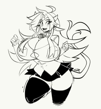 1girl animal_ears borrowed_character breasts bursting_breasts cleavage cow_ears cow_girl cow_horns cow_tail cowbell female_focus gerph highres horns huge_breasts looking_at_viewer mattie_(ego_trigger) monochrome open_mouth original smile solo standing tail thick_thighs thighhighs thighs w_arms wide_hips zettai_ryouiki