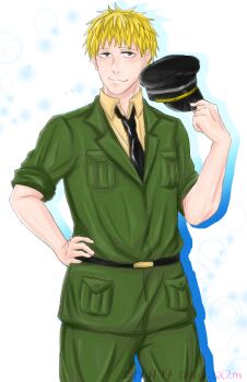 1boy alternate_costume belt belt_buckle black_belt black_hat black_necktie blonde_hair breast_pocket breast_pockets buckle closed_mouth collared_shirt cowboy_shot dated epaulettes green_jacket green_pants grey_eyes half-closed_eyes hand_on_own_hip hand_up hat highres holding holding_unworn_clothes holding_unworn_hat jacket jitome kimi_ga_shine light_particles looking_at_viewer looking_to_the_side male_focus muscular muscular_male necktie pants peaked_cap photoshop_(medium) pocket police police_hat police_uniform policeman sanpaku shadow shinogi_keiji shirt short_hair short_sleeves silhouette simple_background sleeves_pushed_up sleeves_rolled_up smile smirk smug solo sparkle spiked_hair standing toned toned_male twitter_username unworn_hat unworn_headwear upper_body waist_pocket white_background wing_collar yellow_shirt