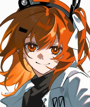 1girl a.i._voice absurdres adachi_rei black_shirt closed_mouth hair_ribbon hashtag-only_commentary headlamp highres jacket looking_at_viewer medium_hair one_side_up open_clothes open_jacket orange_eyes orange_hair portrait radio_antenna ribbon shirt simple_background smile solo thitora twitter_username white_background white_jacket white_ribbon