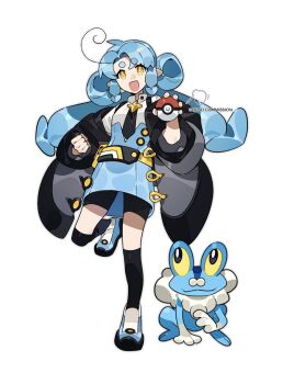 Rule 34 | 1girl, :d, belt, black coat, black eyes, black necktie, black socks, blue hair, blue shoes, blue skirt, bright pupils, buzhengzhengzai, coat, collared shirt, colored sclera, commission, froakie, frog, full body, gen 6 pokemon, highres, holding, holding poke ball, looking at viewer, necktie, nintendo, off-shoulder coat, off shoulder, open mouth, poke ball, pokemon, pokemon (creature), shirt, shoes, simple background, skirt, smile, socks, standing, twintails, white background, white pupils, white shirt, yellow eyes, yellow sclera
