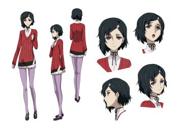 1boy anime_coloring black_hair bob_cut casual choker collared_shirt dress from_behind from_side full_body hair_ornament hairclip highres mary_janes multiple_expressions multiple_views neck_ribbon official_art open_mouth pantyhose pink_eyes pink_pantyhose profile reference_sheet ribbon ribbon_choker science_adventure shirt shoes short_dress skull_hair_ornament steins;gate steins;gate_0 surprised sweater sweater_dress teeth tongue transparent_background trap upper_teeth_only urushibara_luka winter_clothes