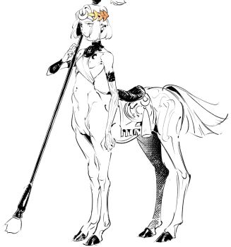 1girl asymmetrical_arms bone centaur ebi_draw glowing_arm hades_(series) hades_2 highres laurel_crown melinoe_(hades) mismatched_sclera monochrome polearm see-through_body short_hair simple_background skeletal_arm solo spear taur weapon