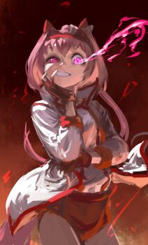 1girl animal_ears bow breasts buruma commentary_request commission ear_bow ear_covers eye_trail fingerless_gloves flower-shaped_pupils flower_in_eye gloves grin hairband hand_on_own_cheek hand_on_own_face haru_urara_(bestest_prize)_(umamusume) haru_urara_(umamusume) headband highres horse_ears horse_girl horse_tail inishie_kumo jacket light_trail long_hair open_mouth pink_buruma pink_eyes pink_hair pink_headband ponytail red_buruma red_gloves red_headband shirt skeb_commission small_breasts smile solo symbol-shaped_pupils symbol_in_eye tail umamusume white_jacket white_shirt