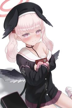 1girl absurdres armpit_crease bag beret black_bag black_hat black_shirt black_wings blue_archive blush bra bra_peek closed_mouth collarbone commentary_request content_rating embarrassed halo hands_up hat head_wings highres holding holding_magazine koharu_(blue_archive) long_sleeves looking_at_viewer magazine_(object) miniskirt nose_blush off_shoulder pink_eyes pink_hair pink_halo pleated_skirt pornography purple_skirt raised_inner_eyebrows raodu sailor_collar school_uniform serafuku shirt shoulder_bag simple_background single_bare_shoulder sitting skirt solo strap_slip twintails underwear white_background white_bra white_sailor_collar wings wispy_bangs