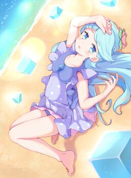 Rule 34 | arm over head, barefoot, beach, blue hair, blush, braid, braided bangs, breasts, collarbone, commentary request, covered navel, dot nose, flat chest, flower, frilled one-piece swimsuit, frills, grace (puyopuyo), hair flower, hair ornament, highres, ice shard, jazz grace, lens flare, long hair, looking at viewer, lying, on back, one-piece swimsuit, open mouth, purple one-piece swimsuit, purple ribbon, puyopuyo, puyopuyo quest, ribbon, sand, sleeveless, swept bangs, swimsuit, toes, water