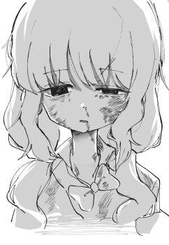 Rule 34 | 1girl, aoba (blue archive), black eyes, blonde hair, blue archive, blush, bow, bowtie, bruise, bruise on chest, bruise on face, bruise on neck, bruised eye, collared shirt, empty eyes, greyscale, half-closed eye, highres, injury, jacket, jacket partially removed, long hair, long sleeves, looking down, loose bowtie, low twintails, m2yu, messy hair, monochrome, open clothes, open mouth, parted lips, red eyes, shirt, simple background, solo, twintails, white background, white shirt