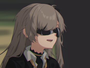 1girl adachi_t_(xadachit) black_jacket blurry blurry_background brown_hair collared_shirt commentary girls'_frontline girls'_frontline_2:_exilium gundam highres i_came_here_to_laugh_at_you_(meme) jacket leva_(girls'_frontline_2) long_hair meme open_mouth parody scene_reference shirt solo sunglasses textless_version ump45_(girls'_frontline) white_shirt zeta_gundam