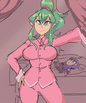 1girl bed bed_curtain blush breasts davewaterfalls dragon_girl fire_emblem fire_emblem_awakening green_eyes green_hair hand_on_own_hip large_breasts looking_at_viewer marth_(fire_emblem) nintendo pajamas pointy_ears ponytail solo stuffed_toy tiki_(adult)_(fire_emblem) tiki_(fire_emblem)