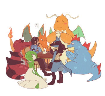 1boy ? absurdres black_boots black_hair black_pants blue_sweater boots chair charizard closed_eyes commentary_request cup dragonite feraligatr fire flame-tipped_tail gardevoir gen_1_pokemon gen_2_pokemon gen_3_pokemon gen_4_pokemon gen_5_pokemon gloves grin head_rest headphones highres korean_commentary krookodile lucario male_focus nintendo pants pokemon pokemon_(creature) sangrokei short_hair simple_background sitting smile spoken_question_mark sweater table tail teacup teeth white_background