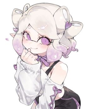 1girl :3 armpit_crease black_shorts bow bow-shaped_hair bowtie clenched_hand closed_mouth commentary_request cowboy_shot crop_top cross-laced_clothes cross-laced_sleeves gradient_hair hair_ornament hand_up heart heart_hair_ornament highres inkling inkling_girl inkling_player_character long_sleeves looking_at_viewer medium_hair midriff_peek multicolored_hair nintendo pointy_ears purple_bow purple_bowtie purple_eyes purple_hair shirt shorts simple_background single_bare_shoulder single_off_shoulder sleeves_past_wrists smile solo splatoon_(series) swept_bangs tentacle_hair togetoge two-tone_hair white_background white_hair white_shirt