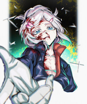 1girl absurdres bleeding blood blood_in_hair blood_on_clothes blood_on_face blue_eyes commentary_request crying crying_with_eyes_open deux_murasame explosion expressionless flat_chest foreshortening gloves grey_hair gundam gundam_gquuuuuux highres indoor_gorilla injury looking_at_viewer mecha_pilot_suit normal_suit_(gundam) nosebleed open_mouth reaching reaching_towards_viewer solo tears upper_body