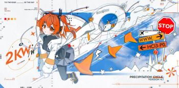 1girl :o a.i._voice adachi_rei black_pantyhose black_shirt character_name chromatic_aberration cloud coat color_guide direction_board english_text floating_hair gloves goosen graph grey_skirt hair_ribbon headphones lightning_bolt_symbol long_sleeves looking_at_viewer one_side_up orange_eyes orange_hair pantyhose ribbon road_sign runway shirt shoes short_hair sign skirt sky sneakers solo stop_sign traffic_cone utau white_coat white_gloves