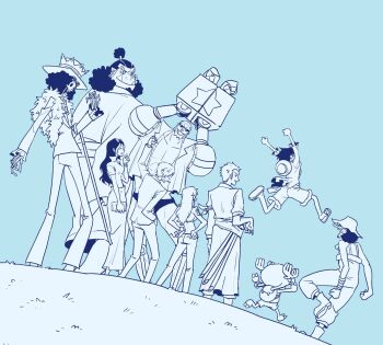 2girls 41waysu 6+boys afro antlers arm_tattoo arms_up back backpack bag book boots brook_(one_piece) cane cigarette crown feather_boa franky_(one_piece) hat headphones highres holding holding_book holding_cane horns japanese_clothes jinbe_(one_piece) kimono korean_commentary long_hair long_nose monkey_d._luffy monochrome multiple_boys multiple_girls nami_(one_piece) nico_robin one_piece outdoors ponytail reindeer_antlers roronoa_zoro sanji_(one_piece) sash short_hair shorts smile straw_hat straw_hat_pirates sunglasses tattoo tony_tony_chopper tusks usopp