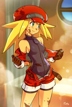 1girl bad_id bad_twitter_id bathroom bathtub belt blonde_hair blush breasts brown_gloves newsboy_cap capcom commentary dirty dirty_face english_commentary female_focus full-length_zipper gloves green_eyes hat indoors leotard long_hair mega_man_(series) mega_man_legends_(series) mega_man_legends_3 no_bra open_belt open_fly optionaltypo red_shorts roll_caskett_(mega_man) short_shorts shorts sideboob small_breasts smile solo spiked_hair unbuckled unbuttoned undressing unzipped zipper zipper_pull_tab