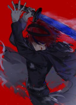 1boy absurdres black_cape black_hair black_jacket black_pants blood blood_on_face blue_eyes cape chinese_commentary closed_mouth commentary_request cowboy_shot gloves highres holding holding_sword holding_weapon jacket last_defense_academy_school_uniform light_particles long_sleeves male_focus multicolored_hair pants promise68487 red_background red_hair school_uniform short_hair simple_background sketch solo streaked_hair sumino_takumi sword the_hundred_line_-last_defense_academy- torn_cape torn_clothes two-tone_hair weapon white_gloves