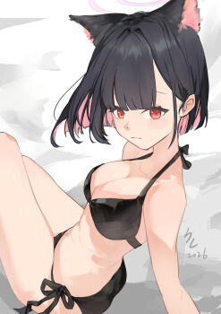 1girl absurdres animal_ear_fluff animal_ears ass bikini black_bikini black_hair blue_archive breasts cat_ears cleavage colored_inner_hair commentary_request feet_out_of_frame highres kazusa_(blue_archive) kure_(kuremnn) medium_breasts multicolored_hair pink_hair red_eyes short_hair side-tie_bikini_bottom sitting solo swimsuit