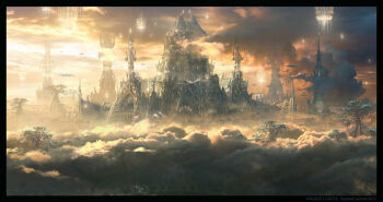 building castle cloud cloudy_sky commentary dated english_commentary fantasy floating_building highres original painterly raphael-lacoste scenery sky sunlight tower tree yellow_sky