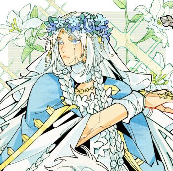 1girl blue_eyes braid claw_ring colored_eyelashes cracked_skin doll_joints drenched-in-sunlight elden_ring elden_ring_nightreign floral_background flower flower_wreath jewelry joints long_hair looking_to_the_side low_twin_braids revenant_(elden_ring) solo twin_braids veil white_eyelashes