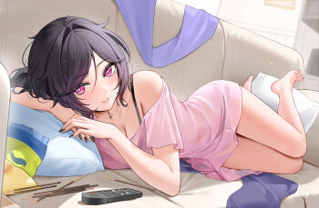 1girl absurdres ashley_graves bag_of_chips bare_legs bare_shoulders barefoot basilcopperhand black_bra black_choker black_hair black_nails black_panties bra bra_visible_through_clothes breasts bright_pupils choker cleavage commentary controller couch cowlick dutch_angle english_commentary feet food full_body grin hair_between_eyes hair_intakes head_on_pillow highres indoors knees_together_feet_apart light_particles looking_at_viewer lying medium_breasts medium_hair nail_polish navel o-ring o-ring_choker off-shoulder_shirt off_shoulder on_couch on_side own_hands_together panties pillow pink_eyes pink_shirt pocky ponytail remote_control see-through_clothes see-through_shirt shirt short_sleeves smile solo the_coffin_of_andy_and_leyley toes underwear