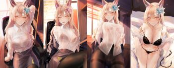 1girl absurdres animal_ears black_bra black_panties blonde_hair blue_flower blush bra bra_visible_through_clothes breasts cleavage collarbone curtain_call_challenge_(meme) euphemia_chevalier flower fox_ears fox_girl from_above grey_skirt hair_flower hair_ornament highres indie_virtual_youtuber large_breasts looking_at_viewer looking_up meme midriff multiple_views naokomama navel office_lady panties pantyhose parted_lips shirt skirt smile underwear undressing virtual_youtuber white_shirt yellow_eyes